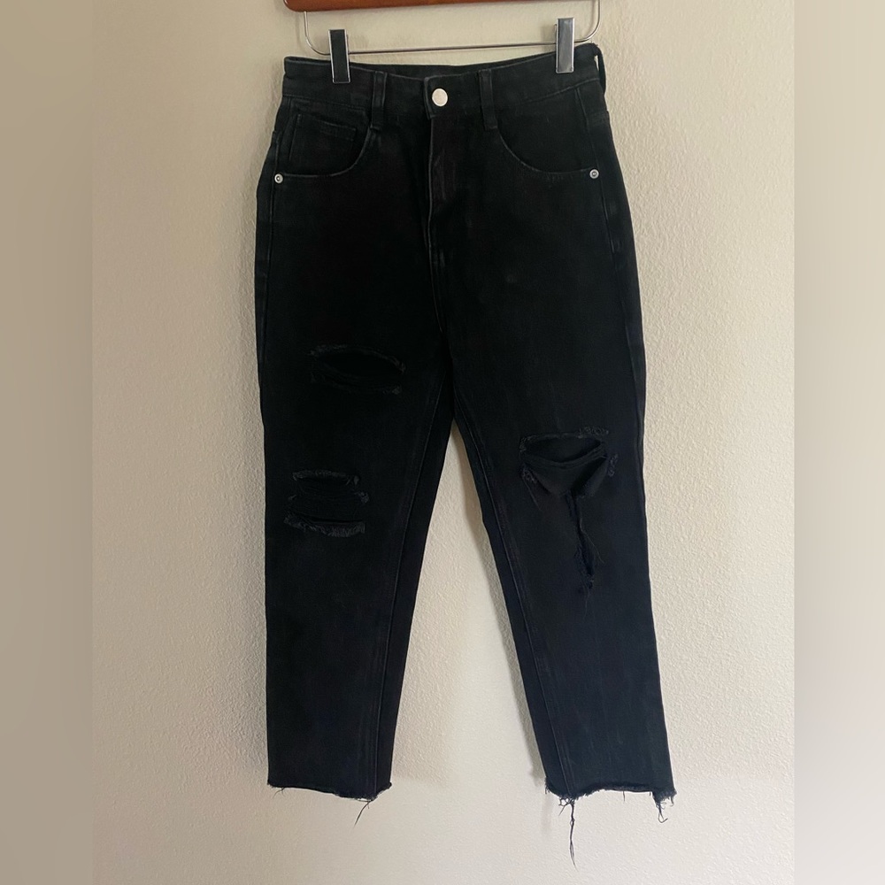 English Factory Women’s Mid-Rise Distressed Black Jeans With Zip Fly Size 24